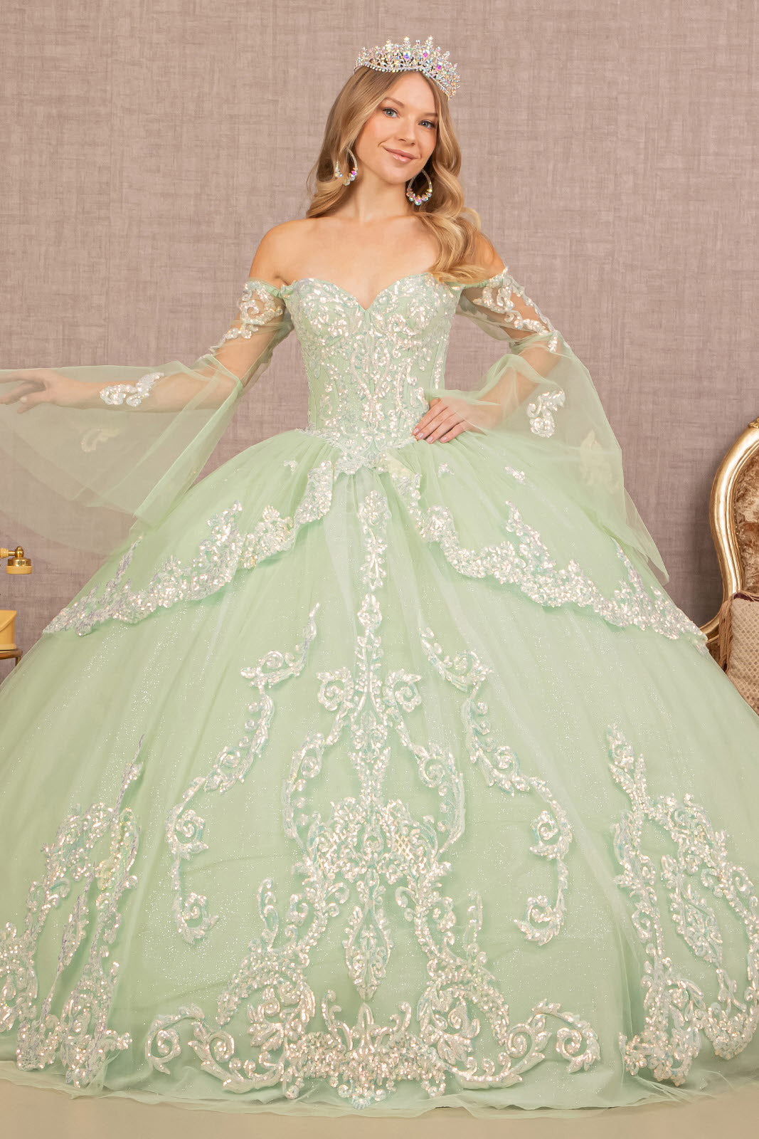 Glitter Layered Hem w/ Long Mesh Sleeves Quinceanera Dress GLGL3109-0